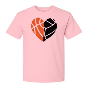 Basketball Volleyball T-Shirt, Split Heart Game Day Design for Sports Fans, Players and Coaches