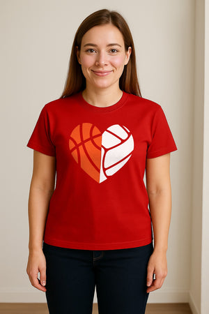 Basketball Volleyball T-Shirt, Split Heart Game Day Design for Sports Fans, Players and Coaches