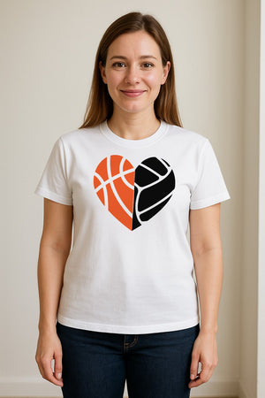 Basketball Volleyball T-Shirt, Split Heart Game Day Design for Sports Fans, Players and Coaches