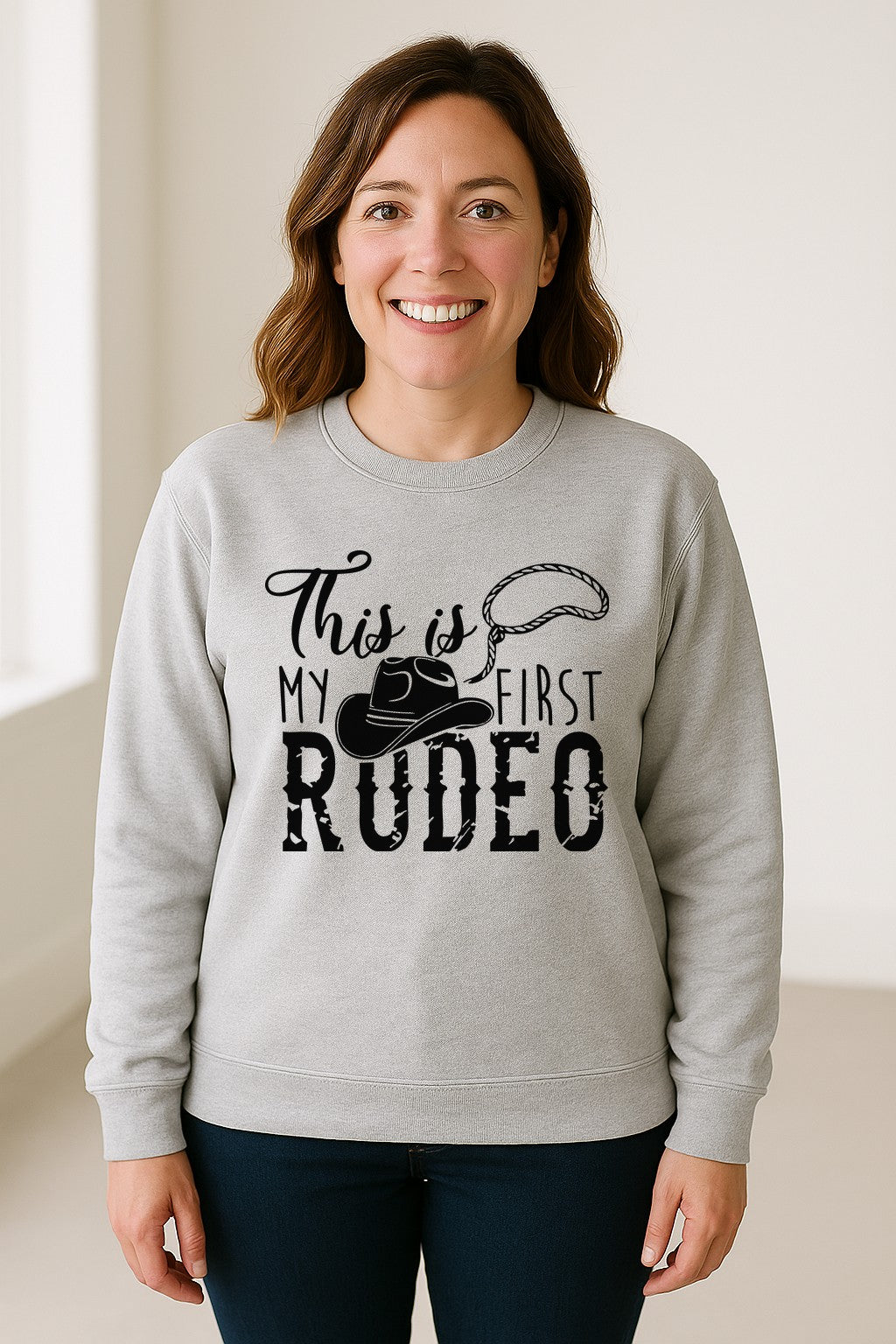 Western Sweatshirt, This Is My First Rodeo Quote with Cowboy Hat and Lasso Graphic Crewneck