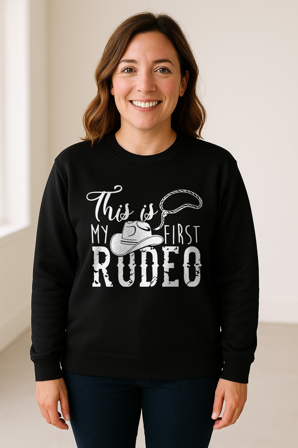 Western Sweatshirt, This Is My First Rodeo Quote with Cowboy Hat and Lasso Graphic Crewneck
