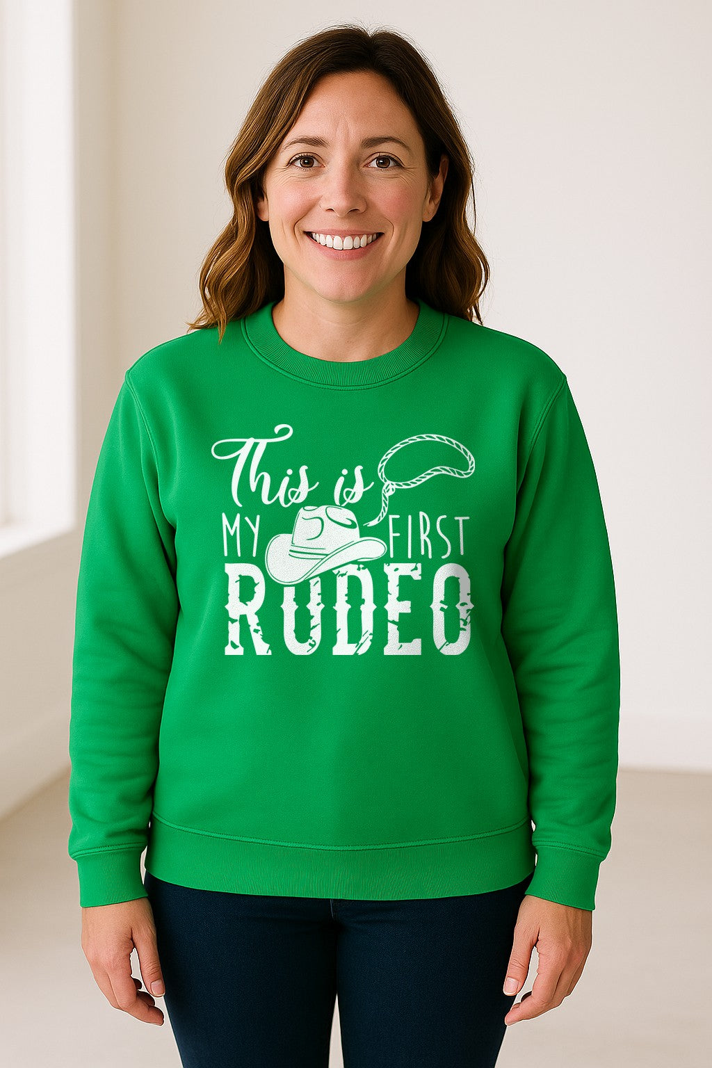 Western Sweatshirt, This Is My First Rodeo Quote with Cowboy Hat and Lasso Graphic Crewneck