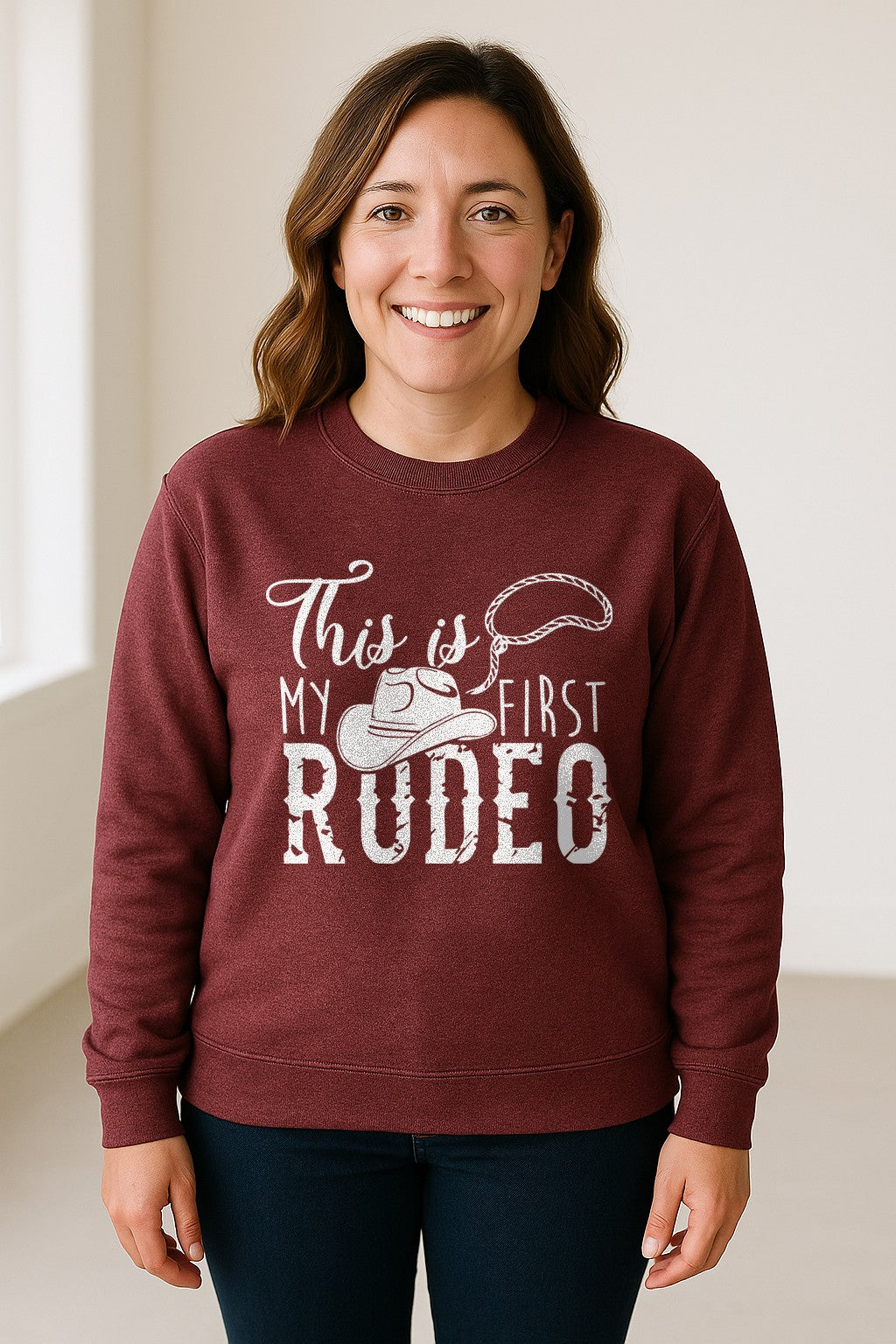 Western Sweatshirt, This Is My First Rodeo Quote with Cowboy Hat and Lasso Graphic Crewneck