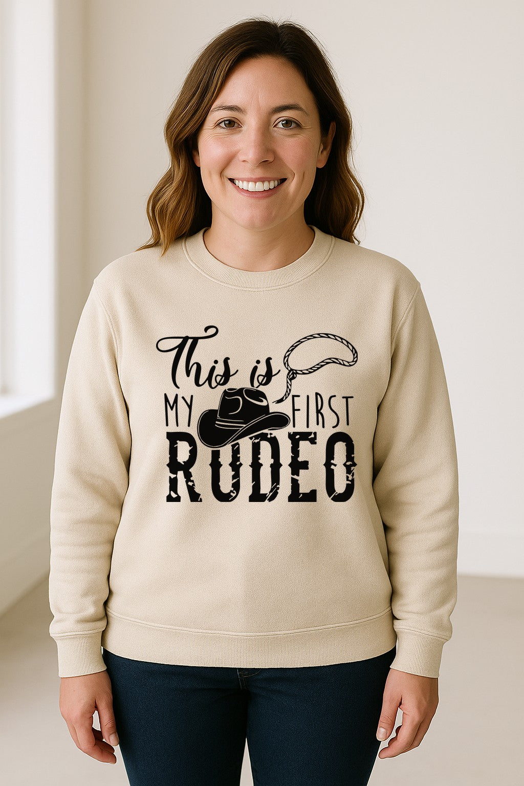 Western Sweatshirt, This Is My First Rodeo Quote with Cowboy Hat and Lasso Graphic Crewneck
