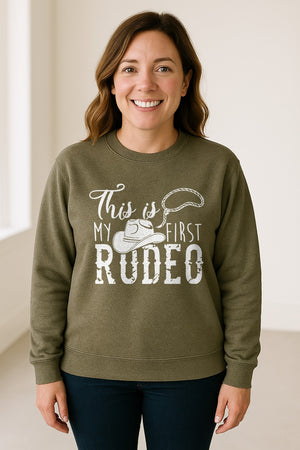 Western Sweatshirt, This Is My First Rodeo Quote with Cowboy Hat and Lasso Graphic Crewneck