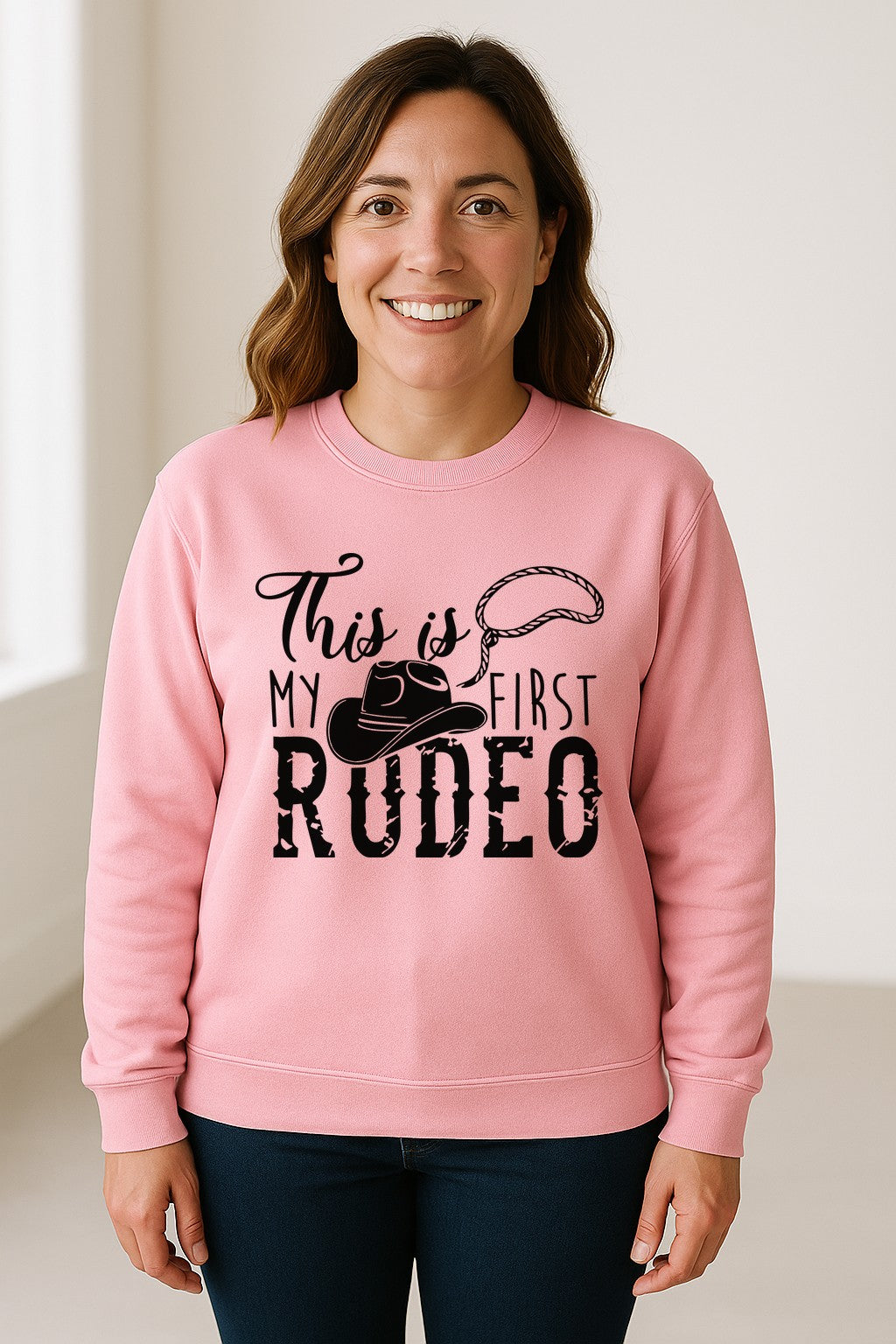 Western Sweatshirt, This Is My First Rodeo Quote with Cowboy Hat and Lasso Graphic Crewneck
