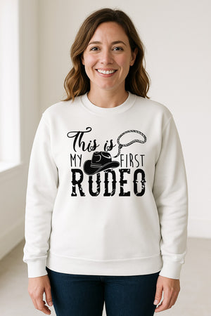 Western Sweatshirt, This Is My First Rodeo Quote with Cowboy Hat and Lasso Graphic Crewneck