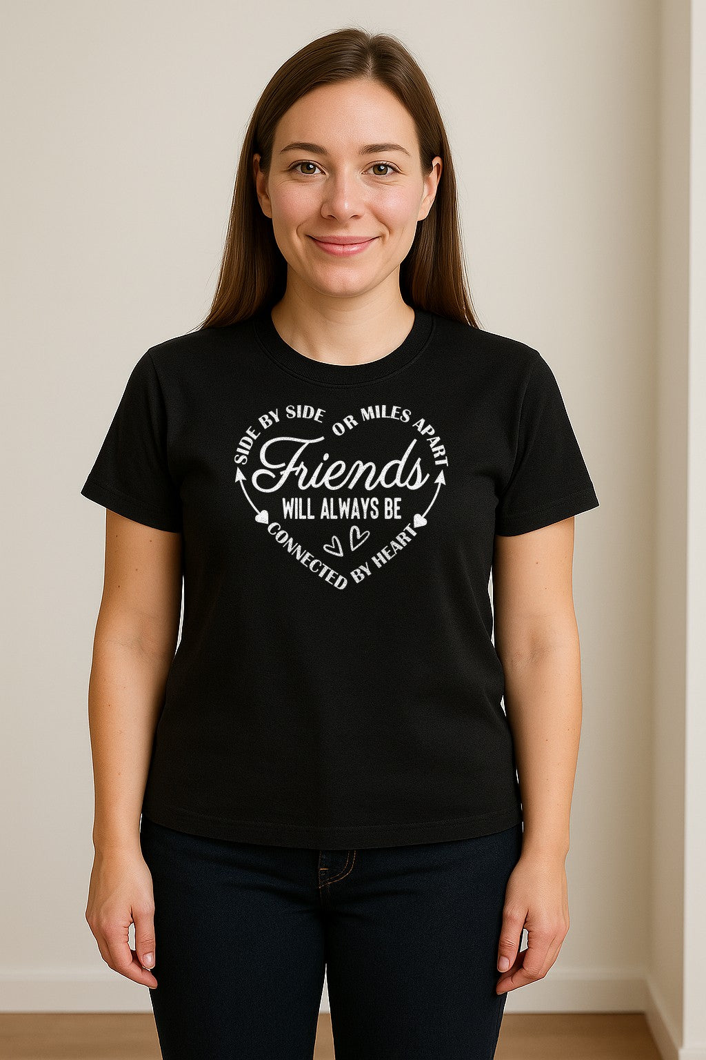 Friendship T-Shirt, Friends Connected by Heart Circular Script Design for Besties and Long Distance Buddies