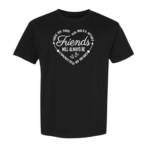 Friendship T-Shirt, Friends Connected by Heart Circular Script Design for Besties and Long Distance Buddies