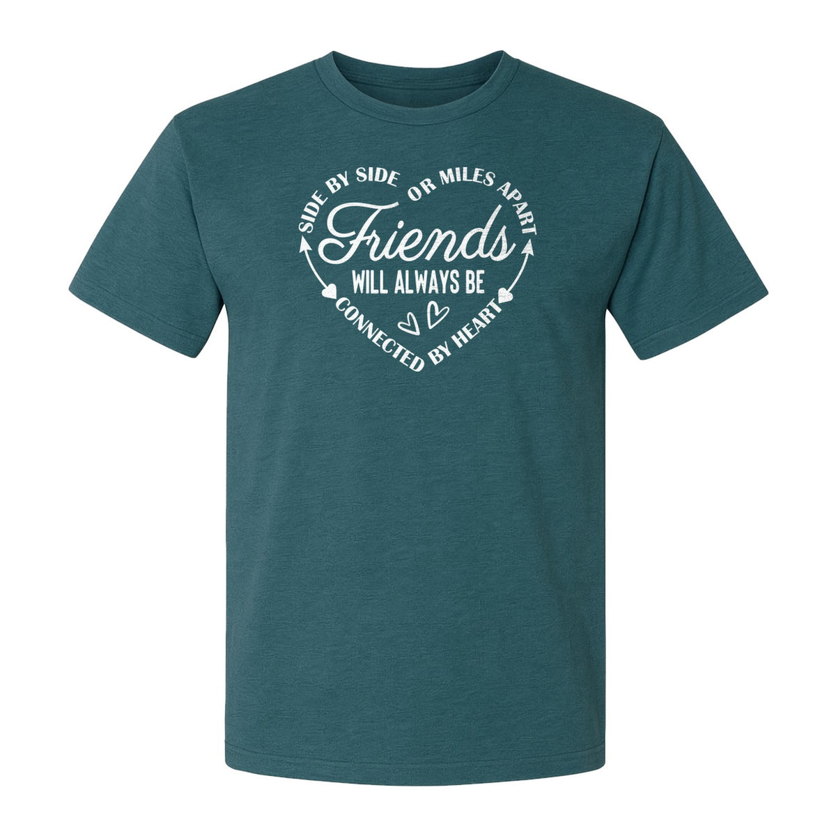 Friendship T-Shirt, Friends Connected by Heart Circular Script Design for Besties and Long Distance Buddies