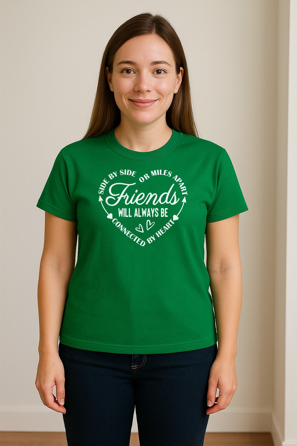 Friendship T-Shirt, Friends Connected by Heart Circular Script Design for Besties and Long Distance Buddies