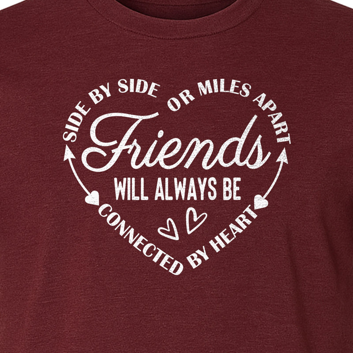 Friendship T-Shirt, Friends Connected by Heart Circular Script Design for Besties and Long Distance Buddies