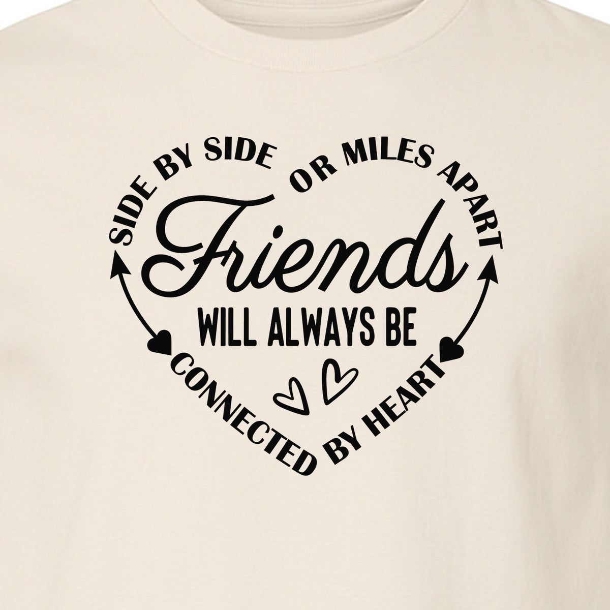 Friendship T-Shirt, Friends Connected by Heart Circular Script Design for Besties and Long Distance Buddies