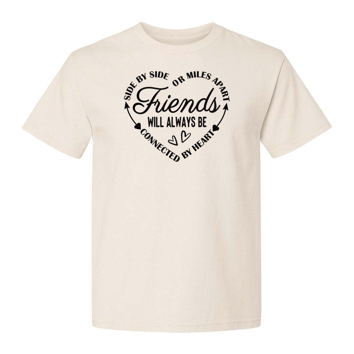 Friendship T-Shirt, Friends Connected by Heart Circular Script Design for Besties and Long Distance Buddies