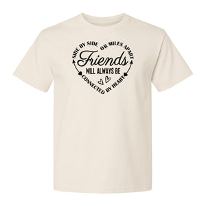 Friendship T-Shirt, Friends Connected by Heart Circular Script Design for Besties and Long Distance Buddies