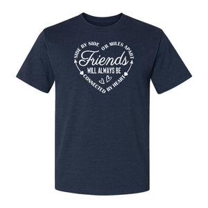 Friendship T-Shirt, Friends Connected by Heart Circular Script Design for Besties and Long Distance Buddies