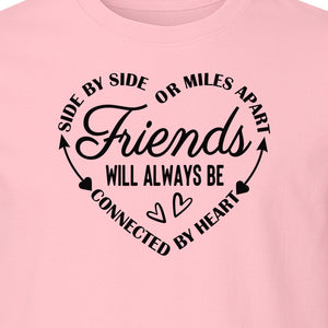 Friendship T-Shirt, Friends Connected by Heart Circular Script Design for Besties and Long Distance Buddies