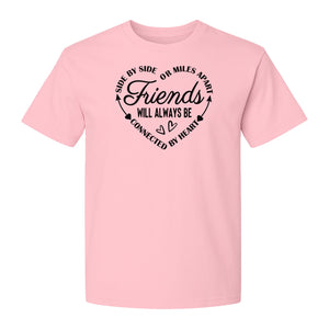 Friendship T-Shirt, Friends Connected by Heart Circular Script Design for Besties and Long Distance Buddies