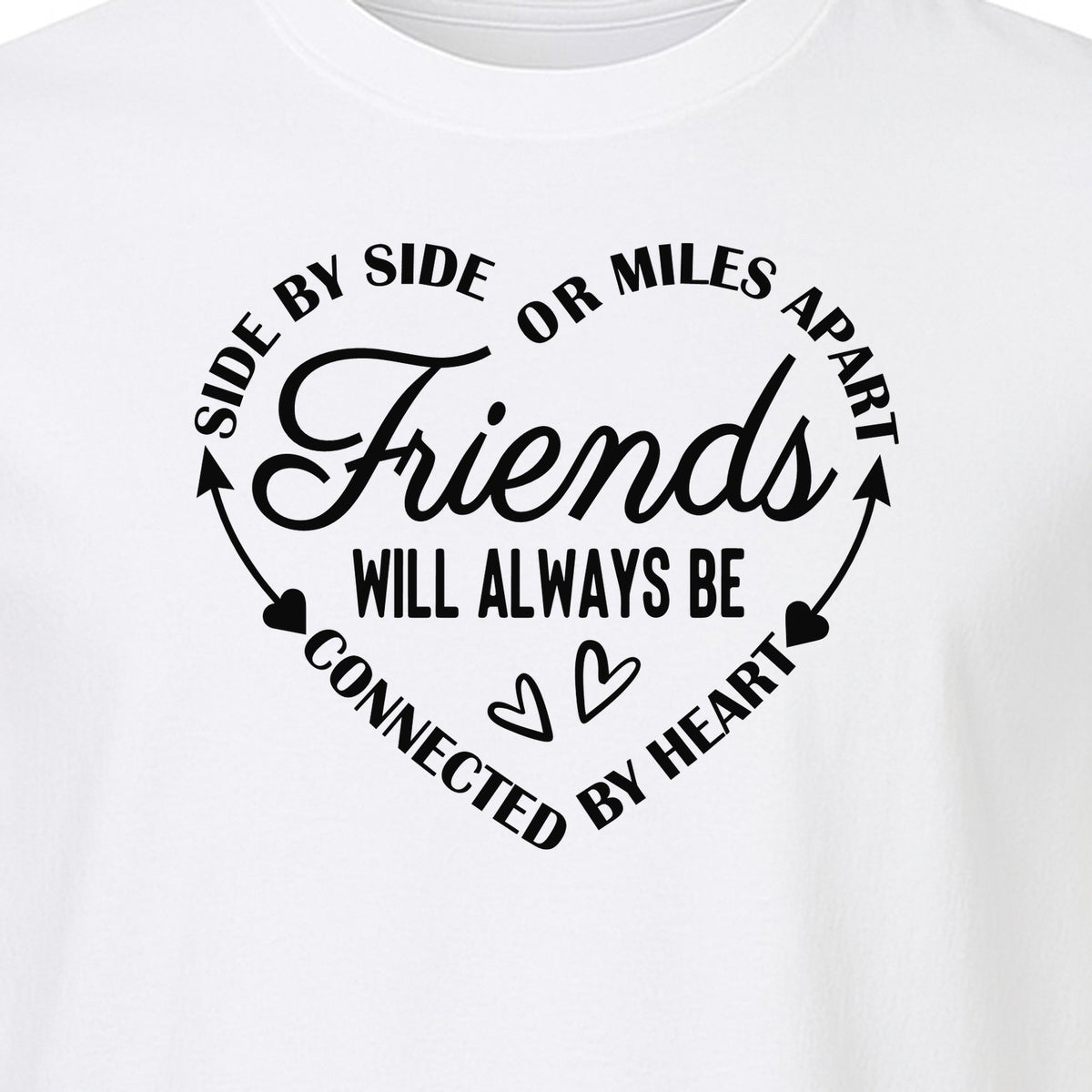 Friendship T-Shirt, Friends Connected by Heart Circular Script Design for Besties and Long Distance Buddies