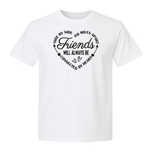 Friendship T-Shirt, Friends Connected by Heart Circular Script Design for Besties and Long Distance Buddies