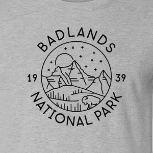 Badlands National Park T-Shirt, 1939 Mountain and Bison Graphic for Hiking Family Trips