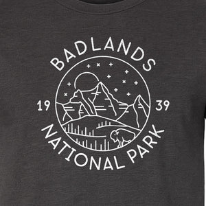 Badlands National Park T-Shirt, 1939 Mountain and Bison Graphic for Hiking Family Trips