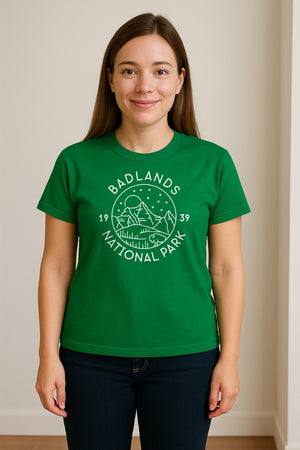Badlands National Park T-Shirt, 1939 Mountain and Bison Graphic for Hiking Family Trips