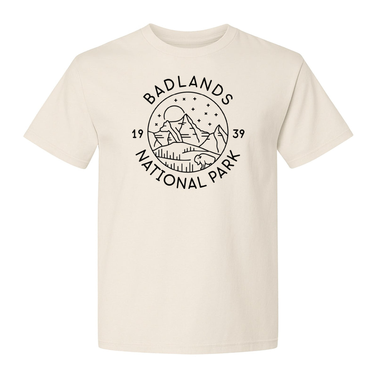 Badlands National Park T-Shirt, 1939 Mountain and Bison Graphic for Hiking Family Trips