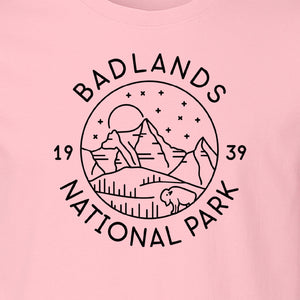 Badlands National Park T-Shirt, 1939 Mountain and Bison Graphic for Hiking Family Trips