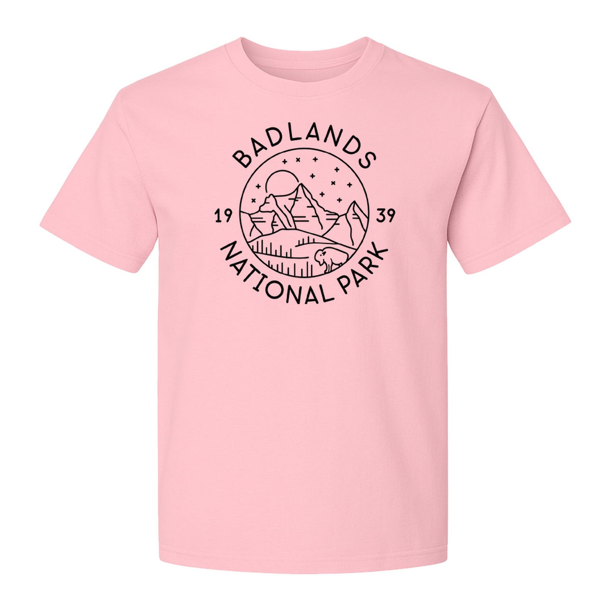 Badlands National Park T-Shirt, 1939 Mountain and Bison Graphic for Hiking Family Trips