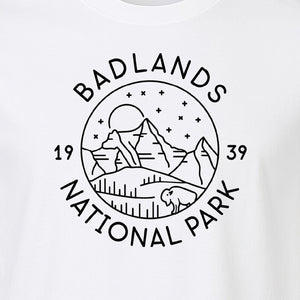 Badlands National Park T-Shirt, 1939 Mountain and Bison Graphic for Hiking Family Trips