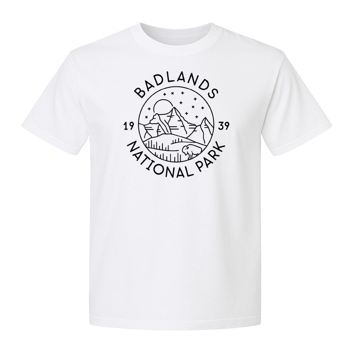 Badlands National Park T-Shirt, 1939 Mountain and Bison Graphic for Hiking Family Trips