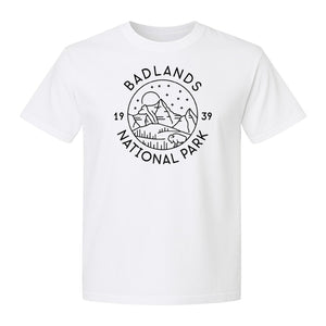 Badlands National Park T-Shirt, 1939 Mountain and Bison Graphic for Hiking Family Trips