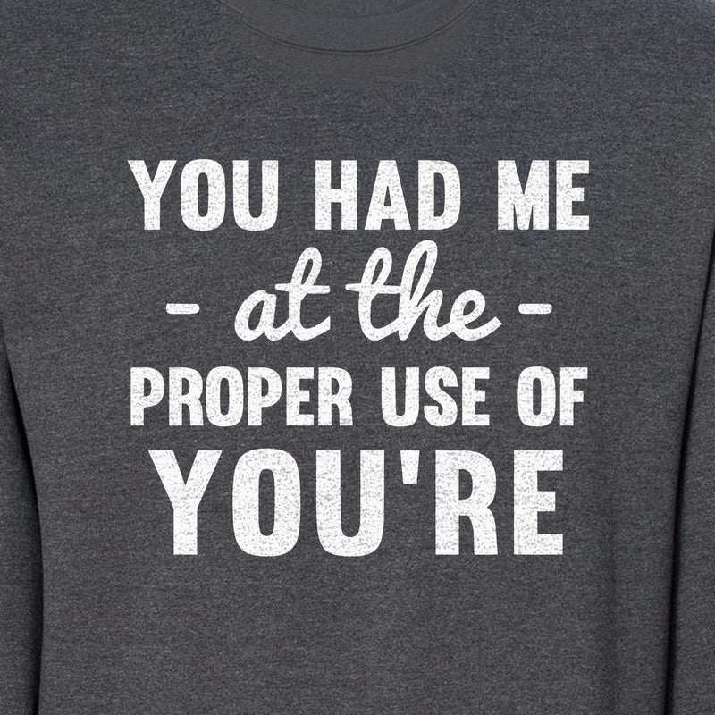 Grammar Sweatshirt, Had Me at Proper Use of You're Quote, Funny English Teacher Crewneck