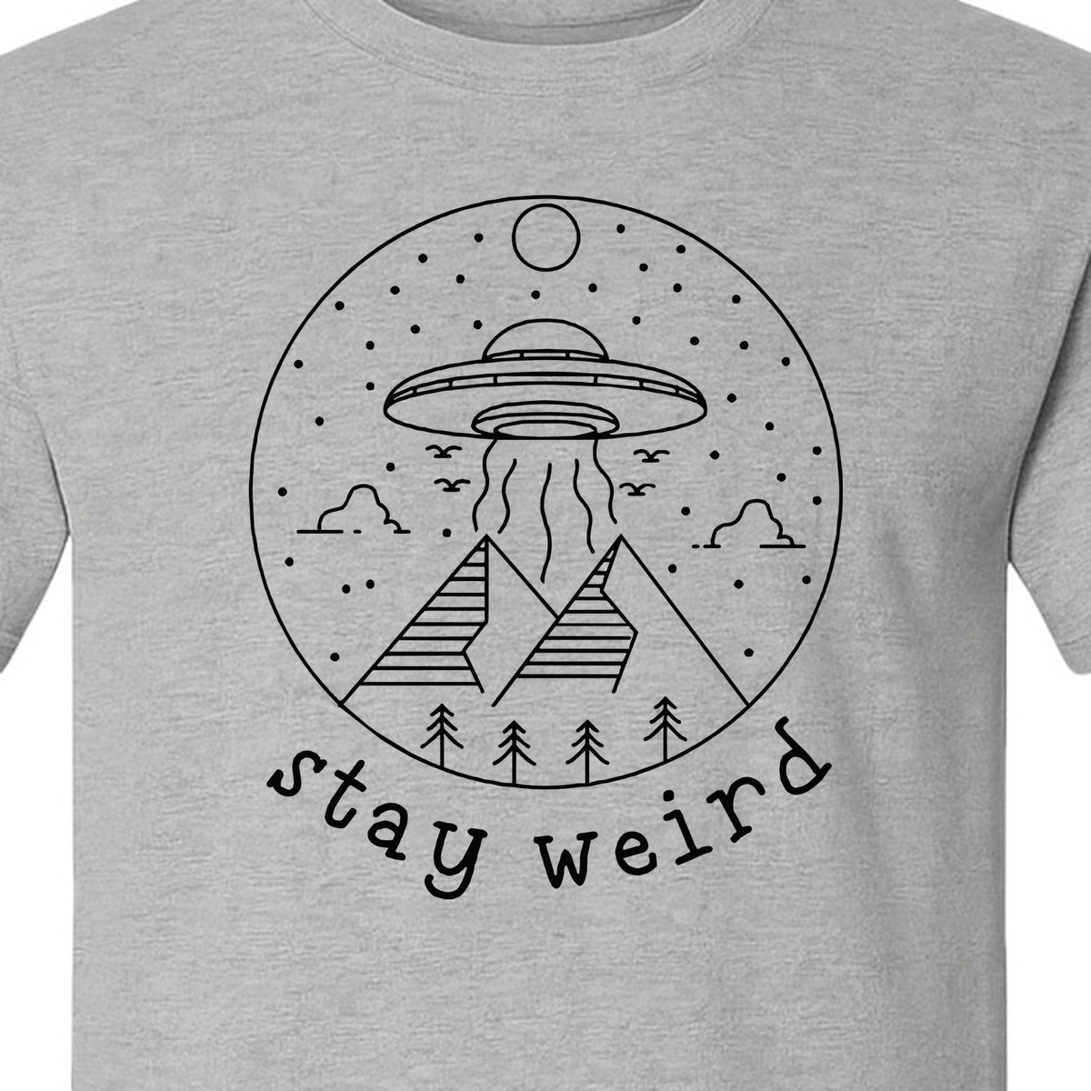 UFO T-Shirt, Stay Weird Alien Spaceship Mountain Graphic Tee for Space Lovers and Sci Fi Fans