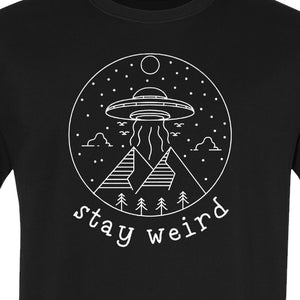 UFO T-Shirt, Stay Weird Alien Spaceship Mountain Graphic Tee for Space Lovers and Sci Fi Fans