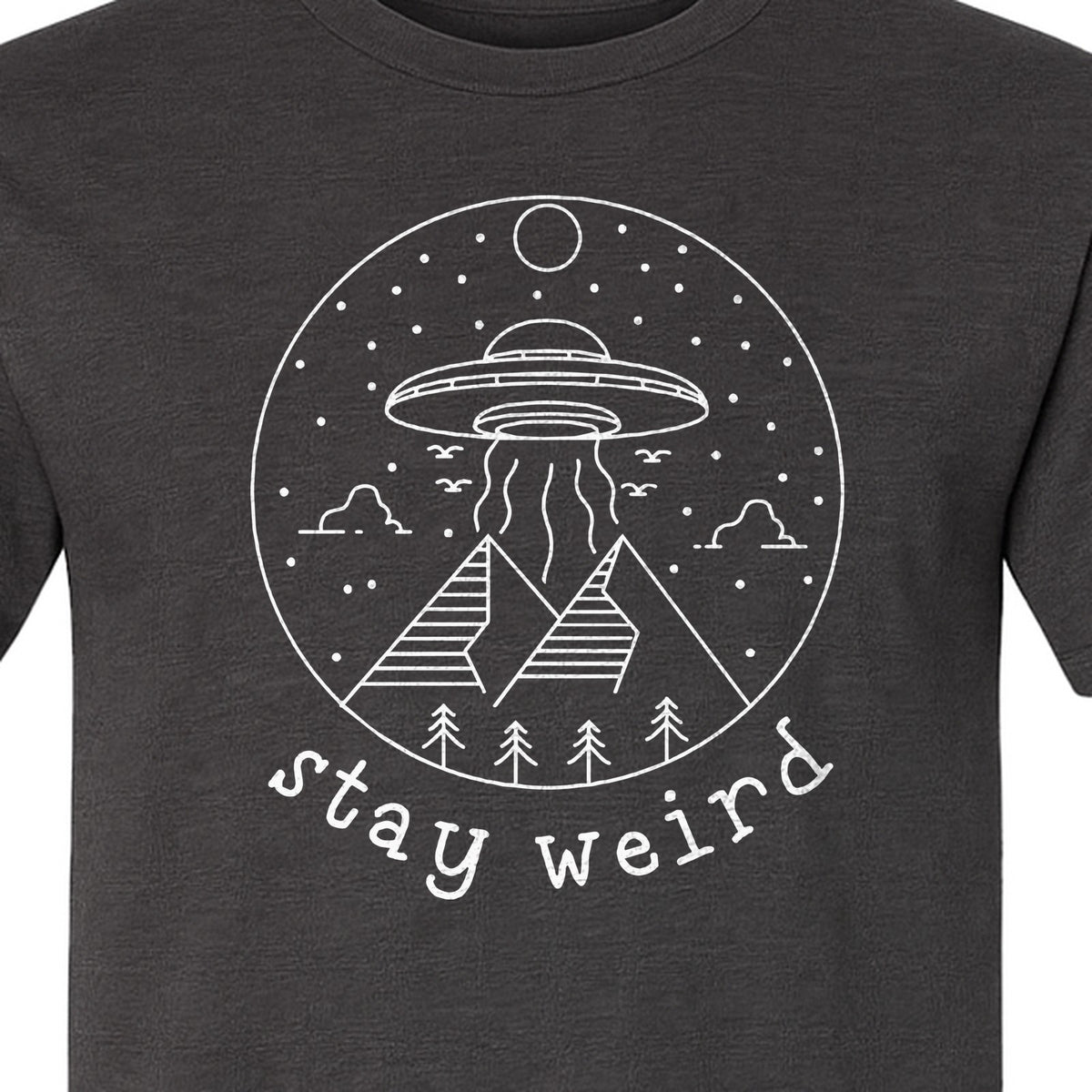 UFO T-Shirt, Stay Weird Alien Spaceship Mountain Graphic Tee for Space Lovers and Sci Fi Fans