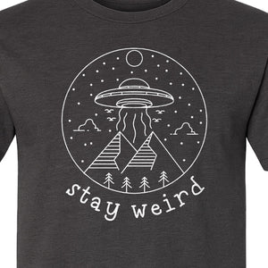 UFO T-Shirt, Stay Weird Alien Spaceship Mountain Graphic Tee for Space Lovers and Sci Fi Fans