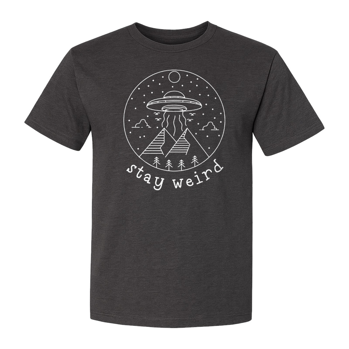 UFO T-Shirt, Stay Weird Alien Spaceship Mountain Graphic Tee for Space Lovers and Sci Fi Fans