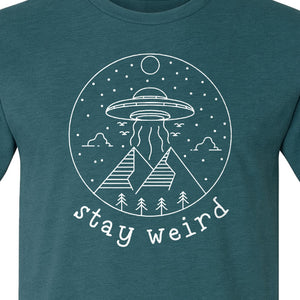 UFO T-Shirt, Stay Weird Alien Spaceship Mountain Graphic Tee for Space Lovers and Sci Fi Fans