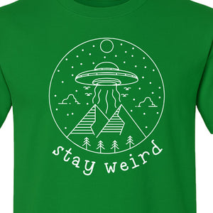 UFO T-Shirt, Stay Weird Alien Spaceship Mountain Graphic Tee for Space Lovers and Sci Fi Fans