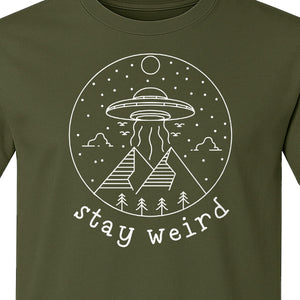 UFO T-Shirt, Stay Weird Alien Spaceship Mountain Graphic Tee for Space Lovers and Sci Fi Fans