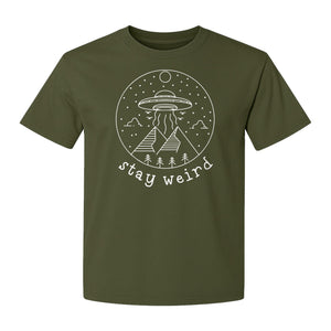UFO T-Shirt, Stay Weird Alien Spaceship Mountain Graphic Tee for Space Lovers and Sci Fi Fans