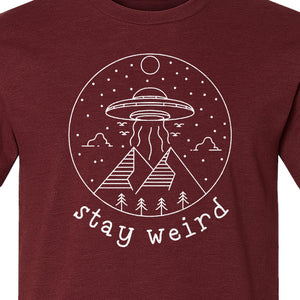UFO T-Shirt, Stay Weird Alien Spaceship Mountain Graphic Tee for Space Lovers and Sci Fi Fans