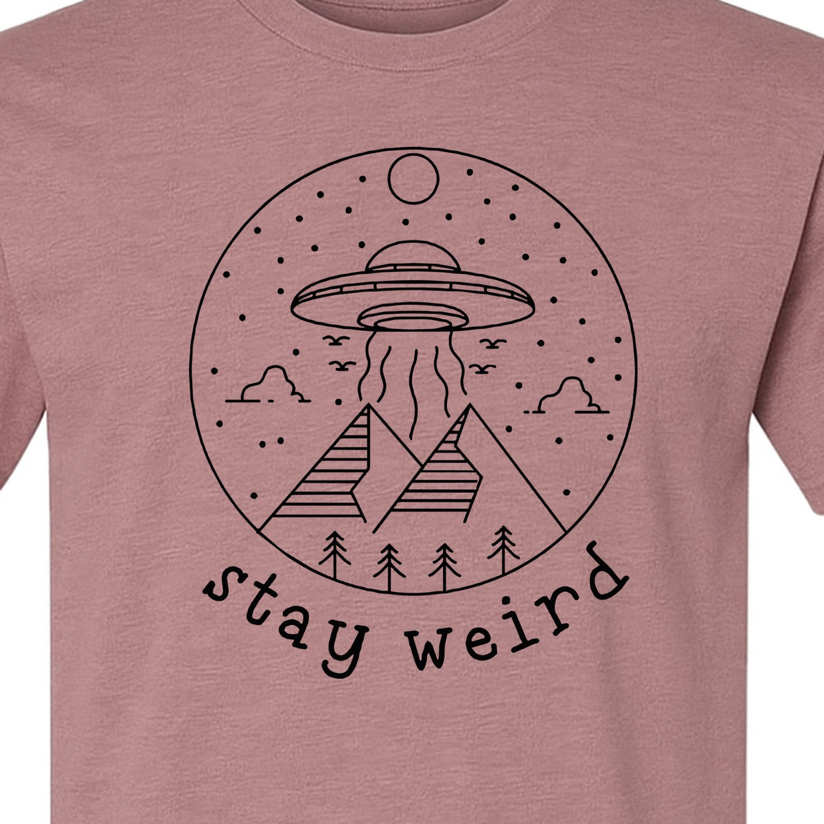 UFO T-Shirt, Stay Weird Alien Spaceship Mountain Graphic Tee for Space Lovers and Sci Fi Fans