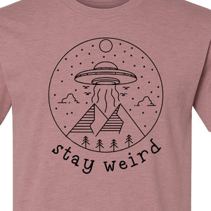UFO T-Shirt, Stay Weird Alien Spaceship Mountain Graphic Tee for Space Lovers and Sci Fi Fans