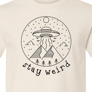 UFO T-Shirt, Stay Weird Alien Spaceship Mountain Graphic Tee for Space Lovers and Sci Fi Fans