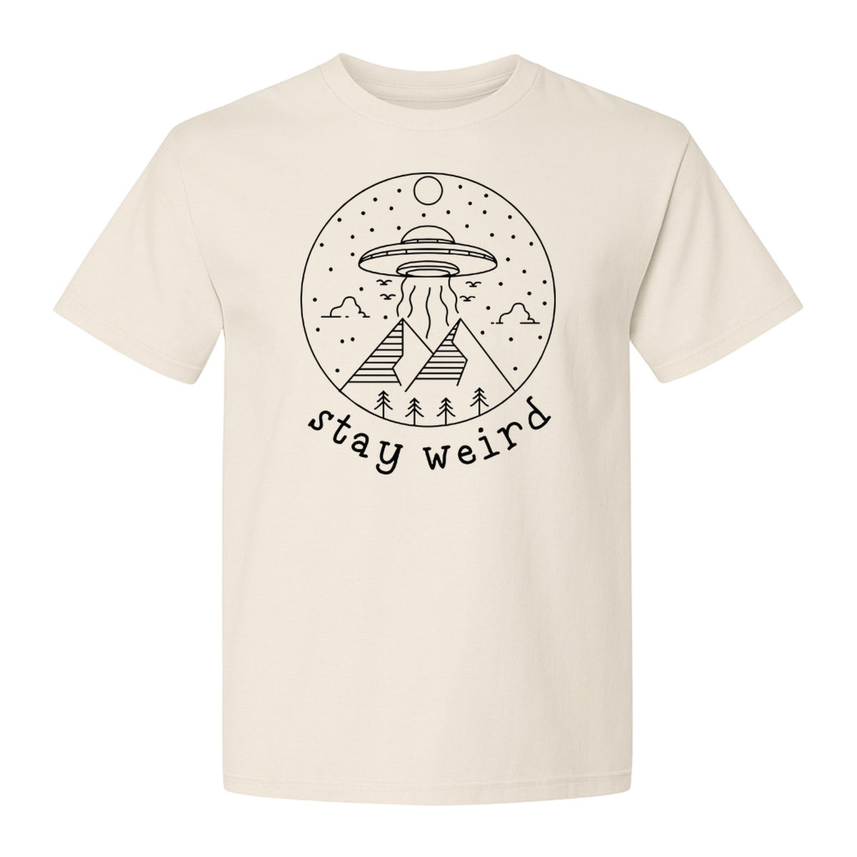 UFO T-Shirt, Stay Weird Alien Spaceship Mountain Graphic Tee for Space Lovers and Sci Fi Fans