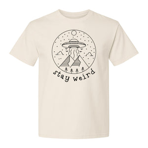 UFO T-Shirt, Stay Weird Alien Spaceship Mountain Graphic Tee for Space Lovers and Sci Fi Fans