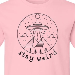 UFO T-Shirt, Stay Weird Alien Spaceship Mountain Graphic Tee for Space Lovers and Sci Fi Fans